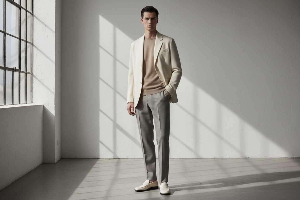 Un modelo hombre usando prendas elegantes y minimalistas 